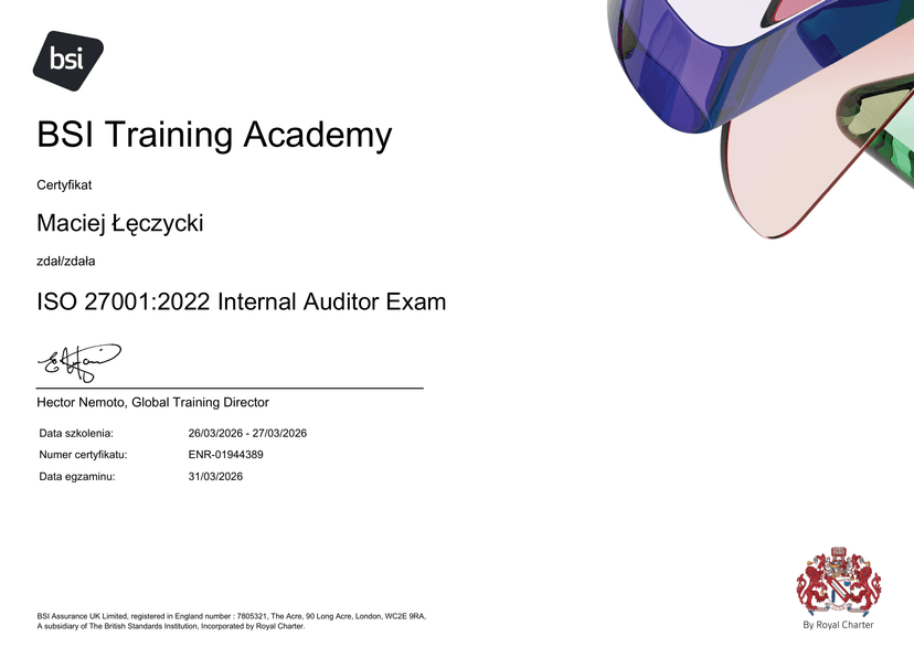 Certyfikat ISO 27001:2022 Internal Auditor wystawiony przez BSI Training Academy